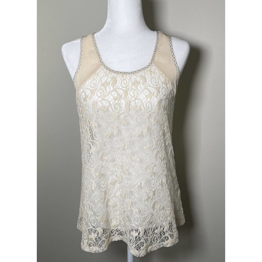 Mystree Lace Tank Crochet Cream Ivory A Small Top Sleeveless Vintage Boho Cami